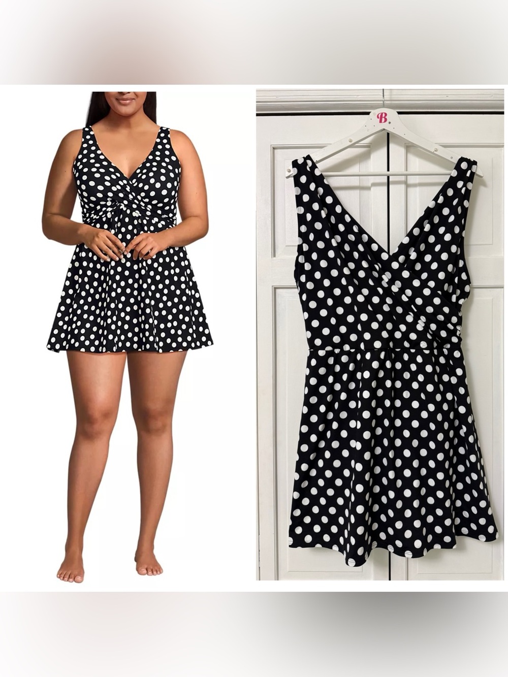 Land’s End SlenderSuit Wrap Swim Dress Swimsuit Black/Egret White Tossed Dots